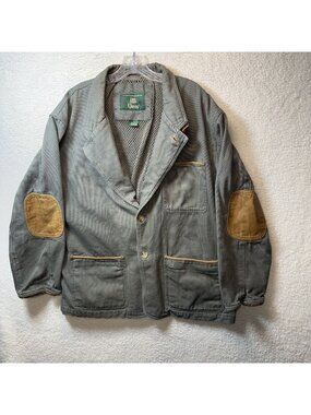 Orvis Vintage Mens Green Canvas Jacket Mesh Lining  Suede Elbow Patches Large